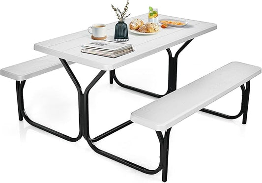 Moccha Picnic Table Bench Set - Portable Plastic Picnic Table w/Steel Frame & Wood-Like Texture, All Weather Heavy Duty Picnic Table Kit, Picnic Tables for Outdoors Garden Patio Party Dining (White)