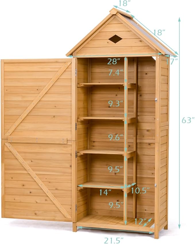 Goplus Outdoor Storage Shed, Lockable Fir Wood Garden Tool Storage Cabinet with Galvanized Sheet Roof for Garden, Yard, Natural Color