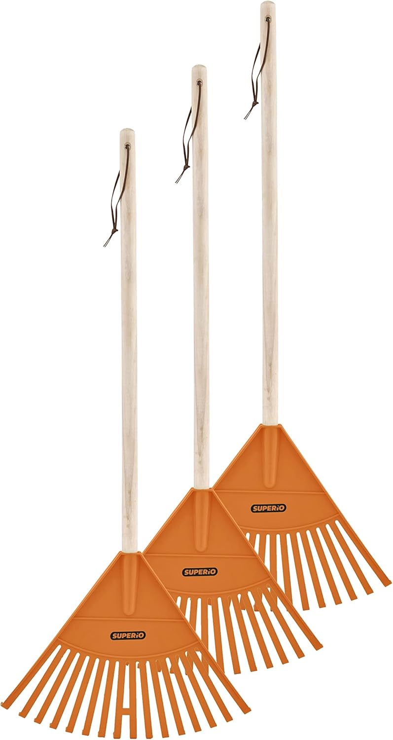 Pack of 3 Kids Rake with Hardwood Handle, Durable Plastic Head to Sweep Leaves in Lawn and Tidying Up The Garden, 34" (Orange)