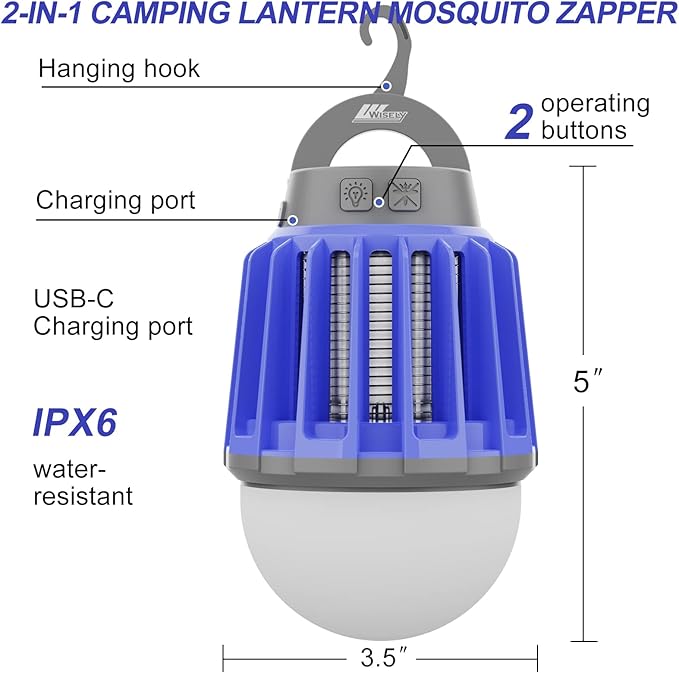 Wisely Bug Zapper Outdoor/Indoor Electric, USB-C Rechargeable Mosquito Killer Lantern Lamp, Portable Insect Electronic Zapper Indoor, with LED Light, 3-Pack