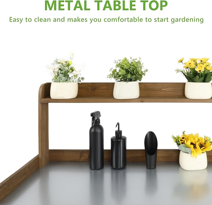 Garden Potting Benche Table Outdoor Wooden Work Station W/Metal Table top,Cabinet,Drawer,Large Bottom Shelf,Open Shelf Natural Wood-Brown-Brown