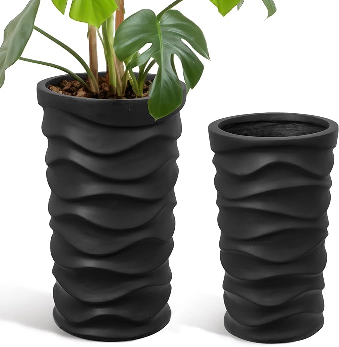 YOLENY Tall Planters with Drainage Hole 2 Pack, 20" H/18 H Porch Wavy Planters Outdoor Indoor Use, Plant Flower Pots for Home Decor, Black