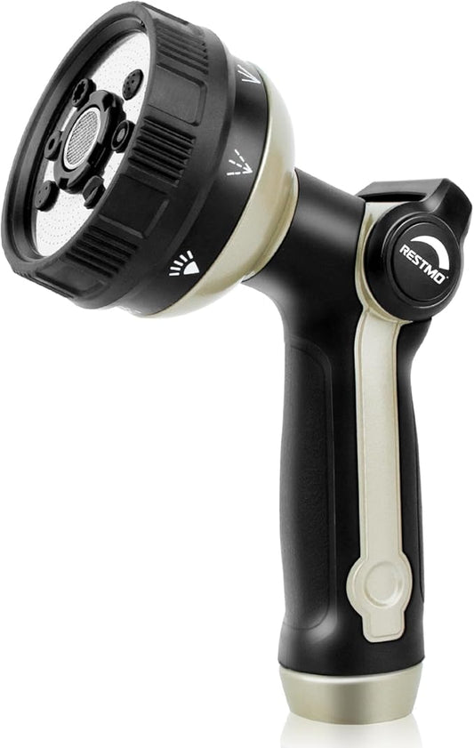 RESTMO Full Shower Hose Nozzle, Metal Spray Nozzle for Garden Hose, 8 Spray Patterns, Water Hose nozzle with Thumb Control, Ideal for Outdoor Lawn & Plant Watering, Car & Pet Washing, Bronze