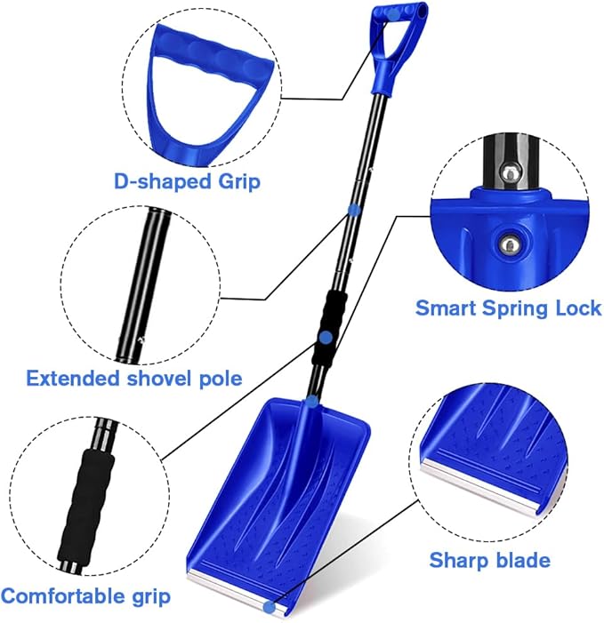 Snow Shovel 2026 Upgrade, Large-Capacity Lightweight Aluminum Portable Shovel for Parent-Child Snow Playing, Garden, Car & Camping with Extra Ice Scraper (Blue)