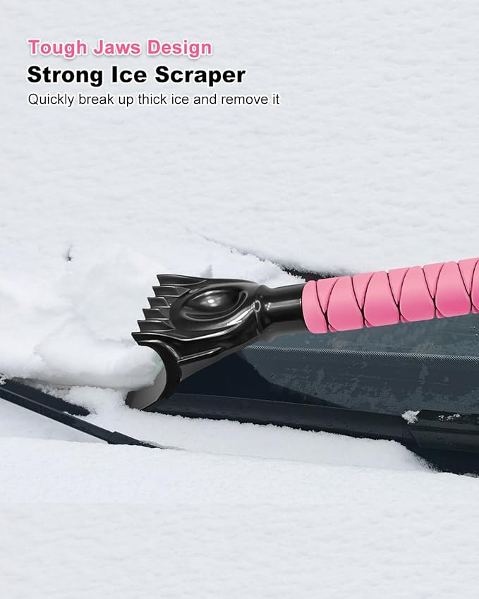 SEAAES 33 Inch Snow Brush and Ice Scraper for Car Windshield, Extendable Snow Scraper and Brush with Foam Grip for Truck SUV Vehicle Window - Pink