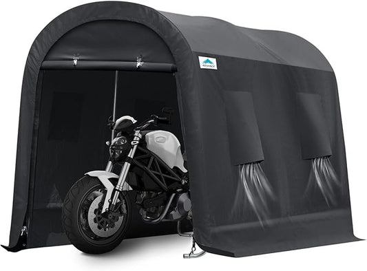 ADVANCE OUTDOOR 7x12 ft Shelter Storage Shed Steel Metal Round Peak Roof Portable Garage Carport for Motorcycle, Boat, or Garden Tools with 2 Roll up Doors & Vents, Gray