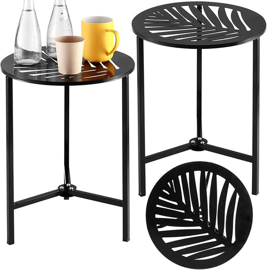 2 Packs 13" Metal Outdoor Side Tables Small Black Outside End Table for Patio Round Accent Corner Stand for Small Spaces Weather-resistant Coffee Table for Balcony Porch Plant Stand,Tropical Leaf