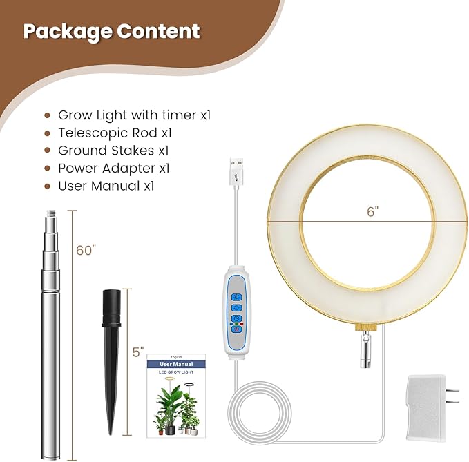Grow Lights for Indoor Plants, Full Spectrum Plant Lights for Indoor Growing, Height Adjustable 10"-65" Faux Wood Grain Grow Lamp with 6/12/16H Timer, 3 Optional Spectrums, 5 Brightness