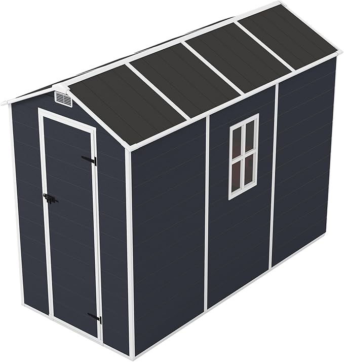 Outdoor Storage Shed 8x4 FT, Resin Shed with Floor & Window, Lockable Door, Vents, Outside Sheds & Garden Shed for Patio Furniture, Gardening Tools, Bike Accessories and Lawn Mower (Dark Gray, 4*8ft)