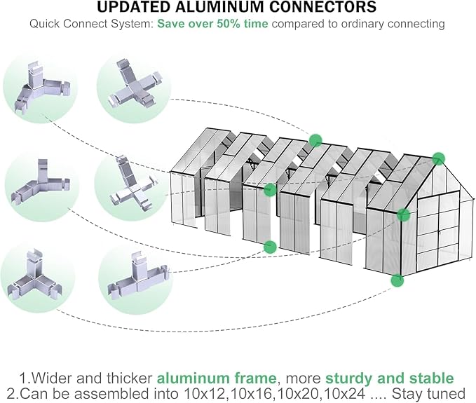 10x24 FT Large Greenhouse, Easy Assembly Hybrid Polycarbonate Greenhouses for Outdoors w/5 Vent Windows & Swing Door Walk-in Greenhouses Aluminum Green House for Outside, Black