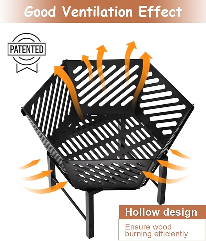 22.5 Inch Portable Plug Fire Pit for Camping, Heightened Detachable Outdoor Wood Burning Firepits for Outside Patio Heating, Picnic, Bonfire and BBQ with Travel Bag, Diagonal Hollow Style