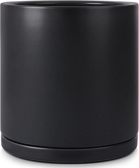 Kazeila Plant Pots Ceramic Planter for Indoor Outdoor Plants Flowers 10 Inch Matte Black Large Cylinder Flower Pot with Saucer and Drainage Hole,Glazed Finish Interior and Exterior