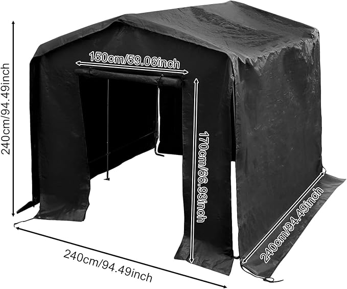 8x8x8 FT Outdoor Storage Shelter Carport, Portable Storage Tent with Roll-up Door, Waterproof Outdoor Carport for Bike, Lawn Mower, ATV Storage (Black)
