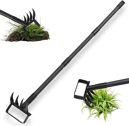 Hula Garden Hoe and 4 Tines Rake 2-in-1 Garden Tool for Weeding, Garden Cultivator with 62.6" Adjustable Long Handle Heavy Duty Weed Puller Stirrup Hoe for Ditching, Seeding, Loosening Soil