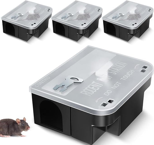 Qualirey 4 Pcs Rat Bait Station 8.86 x 7.28 x 3.62 Inches Rat Traps with Openable Lid, Blocks Boxes with Keys for Big Mouse, Keeps Children and Pets Safe Indoor & Outdoor, Bait Not Included (Clear)