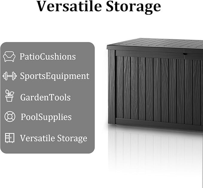 180 Gallon Waterproof Deck Box, Lockable Resin Storage Box for Patio Furniture Cushions Garden Tools and Outdoor Delivery Storage, Black