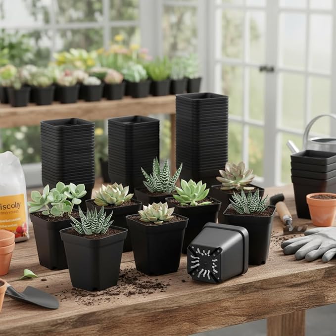 60 Pcs Nursery Pots 2.7 Inch, Plastic Seed Starting Pot with Drainage Holes, Sturdy Seedling pots for Planting, Cuttings (Black)