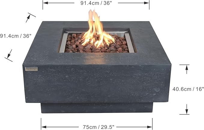 Elementi Manhattan Gas Fire Pit Cast Concrete Fire Table, Outdoor Fire Pit Electronic Ignition | Canvas Cover, Lava Rock Included | Free AMS Wind Guard | Dark Gray (Natural Gas)