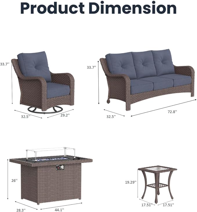 5 Pieces Outdoor Patio Furniture Sets with Rocking Swivel Chairs with 6-inch Thick Cushion and Fire Pit Table for Deck Lawn
