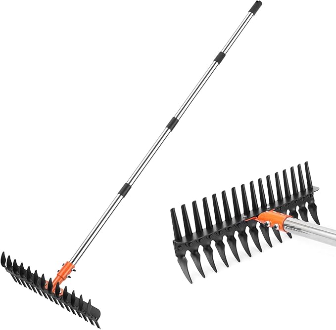 Garden Thatch Rake for Lawn, Heavy Duty Metal Thatching rake with Strong Handle, Wide 15inch Iron Dethatcher Rakes for Yard Leaf & Weed Clean, Soil Loose, Grass Groom