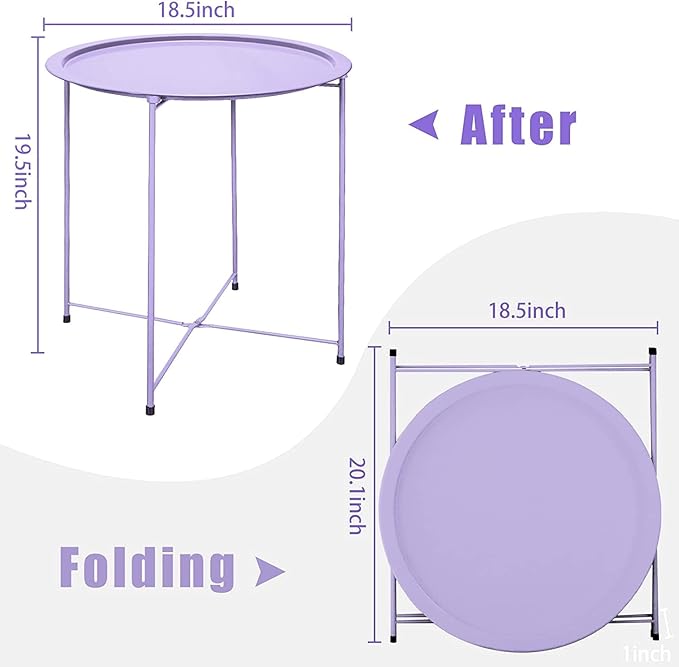 Garden 4 you End Table 2 PCS Metal Side Table Purple Round Folding Tray Cyan Sofa Small Accent Fold-able Table, Round End Table Tray, Next to Sofa Table, Snack Table for Living Room and Bed Room