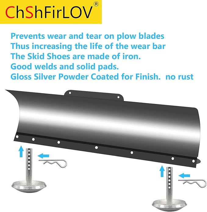 69212 2/Pack Skid Shoes for Snow Plow Blade Protector 5/8 inch Round Shaft and Adjustable Pin Placement Lock Rather Thick Hardened Steel Snow Plow Non-Slip Base - with Quick-Release Cotter Pins