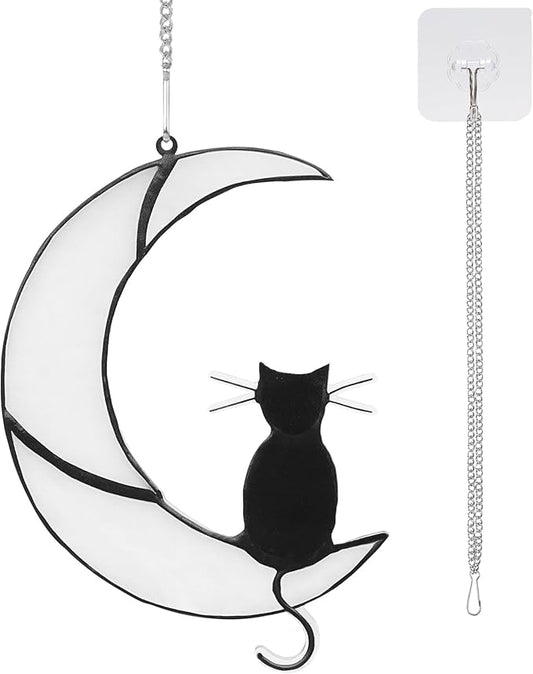 Black Cat Decor on White Moon Acrylic Sun Catcher Stained Window Hanging Ornament Halloween Decorations Cat Suncatcher for Women Pet Memorial Gifts Lovers Loss Sympathy Gifts Home Garden Panels