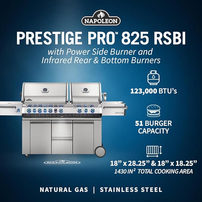 Napoleon PRO825RSBINSS-3 Prestige PRO 825 RSBI Natural Gas Grill, sq.in. + Infrared Rear & Bottom Range Burner, Stainless Steel