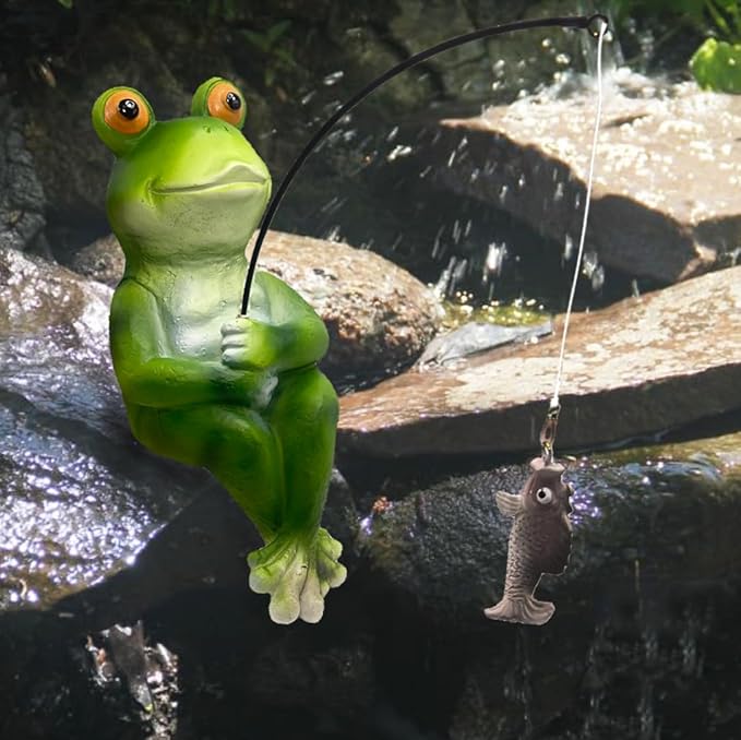 Frog Fishing Statue Garden Decor – 9.8" Weatherproof Resin Frog Fishing Sculpture Decor for Fish Ponds, Koi Ponds, Waterfalls, Poolside & Outdoor Gardens– Resin Figurine for Indoor & Outdoor Décor