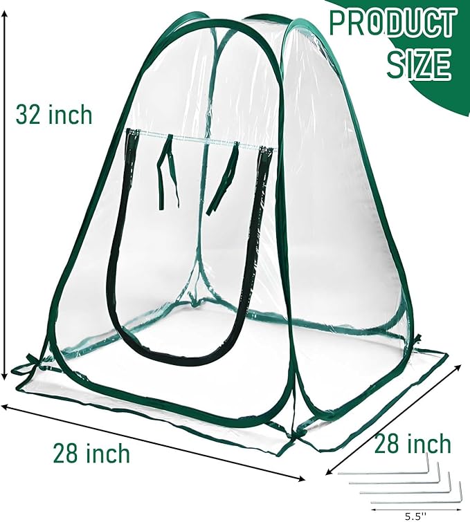 Pop Up Greenhouse Plant Cover Mini Transparent Freeze Protection Greenhouse PVC Tent with Roll-up Zipper Entry Doors for Indoor and Outdoor Gardens Protecting Plant from Cold Frost (PVC, 28x28x32in)