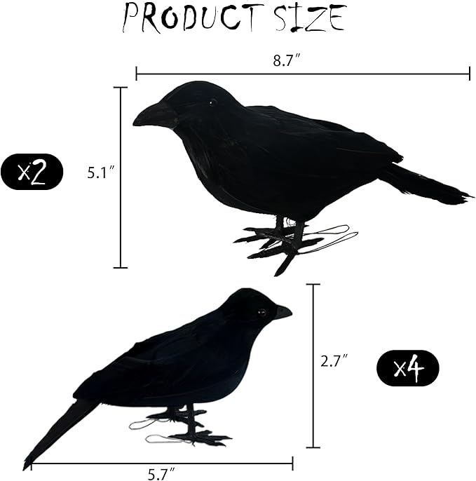 NEROSUN 6 Pack Halloween Black Feathered Crows, 5.7" & 8.7" Realistic Feathered Black Birds Raven, Halloween Decoration for Indoor Outdoor Home Yard Garden Party Decor