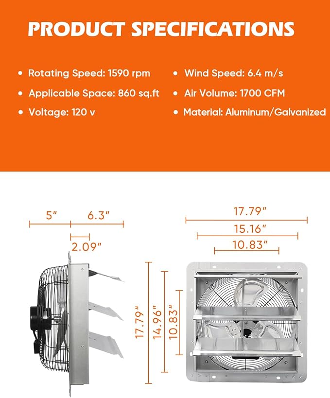 JVO 14" Shutter Exhaust Fan - 1520 CFM, Wall-Mounted for Greenhouses, Attics, Garages & Chicken Coops. Ideal Attic Fan, Greenhouse Vent & Coop Exhaust for Powerful Ventilation & Cooling