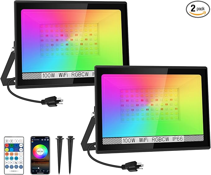 T-SUN RGB Flood Lights Outdoor, 1000W Equivalent Color Changing Landscape LED Light with APP & WiFi & Remote Control, Waterproof Floodlight with 16 Million Colors, Timing, Music Sync (100W-2Pack)