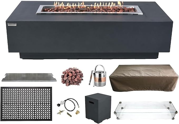 Elementi | Bundle Granville Gas Fire Pit Cast Concrete 60" Rectangular Fire Table, Outdoor Fire Pit Electronic Ignition | Canvas Cover, Lava Rock Included | Dark Gray (Propane Gas)