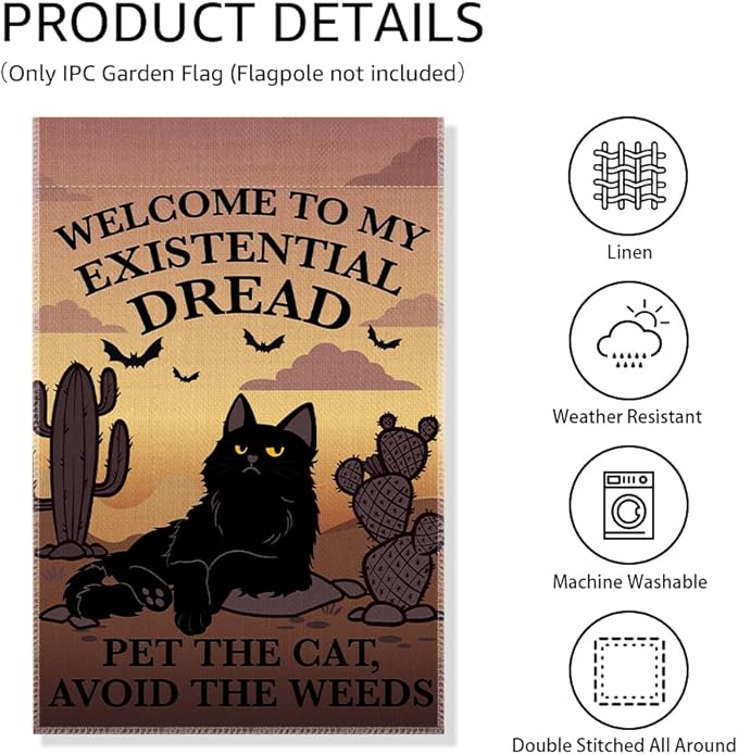 Welcome to My Existential Dread Pet The Cat Avoid The Weeds Garden Flag, Funny Bats Halloween Yard Sign for Outside, Cute Black Cat Fall Halloween Yard Decor, Housewarming Gifts for Pet Lover