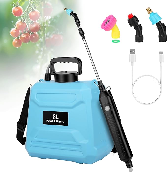 2 Gallon Battery Powered Sprayer, Electric Garden Sprayer, Pump Sprayer with 3 Mist Nozzles & USB Rechargeable Handle & Retractable Wand & Adjustable Strap for Lawn, Garden, Yard (Blue)