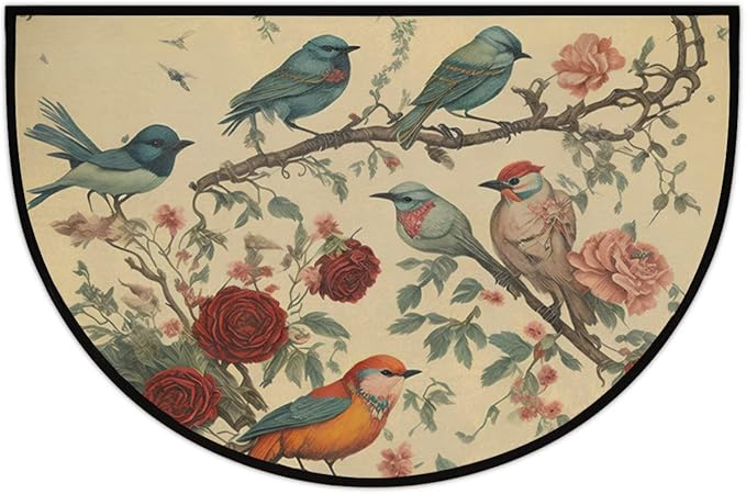 cfpolar Bird Half Round Door Mat, Vintage Bird Tree Flowers Retro Semicircle Doormat, Non Slip Soft Area Rug for Front Door Indoor Entrance Wear Resistant Welcome Mat, 24 x 36 in