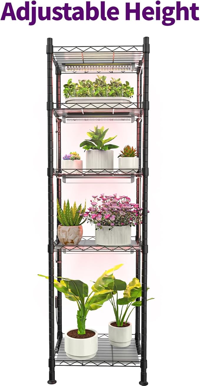 Plant Stand with Grow Lights, 5-Tier metal Plant Shelf with 4-Pack 40W Full Spectrum Grow Light, Auto Timer，Ladder Flower Pot Stand indoor 15.7" L x 11.8" W x 60.3" H