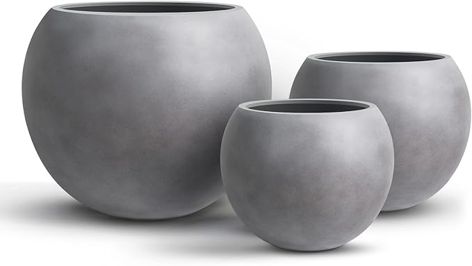 13.5 H x 17" Dia (12" Pot Opening) Round Fiberstone Planter with Drainage Hole, Gray, Indoor/Outdoor Large Plant Pot for Home Patio Garden, Ideal for Large Plants