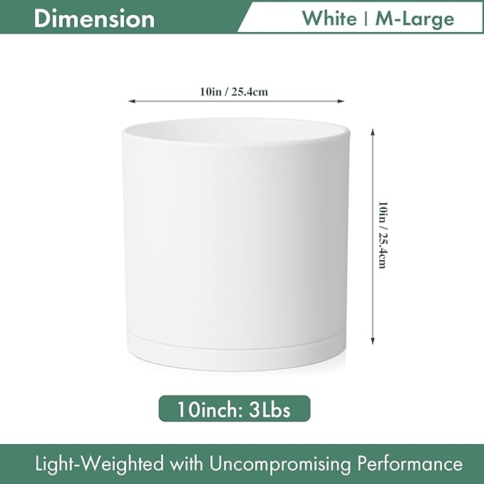 Cylinder 10 inch Plant Pots, Mordern Plastic Planters with Drainage Holes and Saucers for Indoor Outdoor Plants Flowers, White