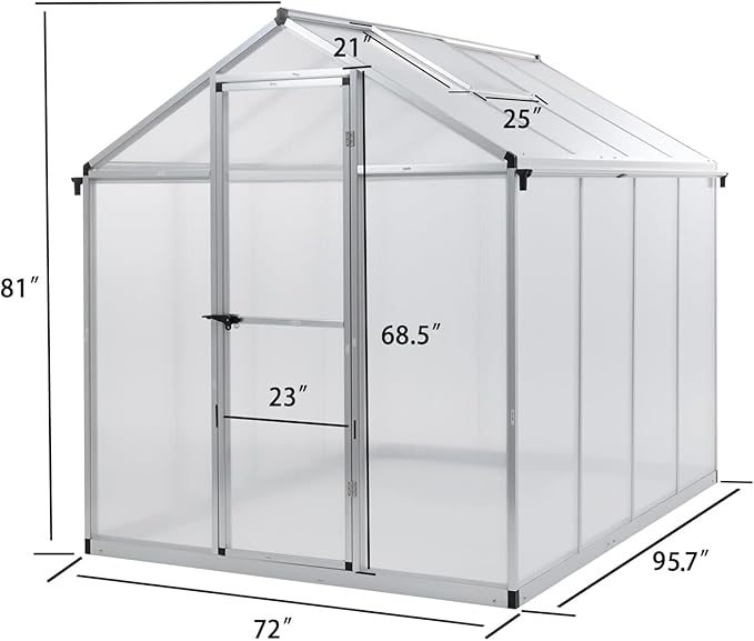 BPS 6' x 8' Walk-in Polycarbonate Greenhouse with Heavy-Duty Aluminum Frame, 1 Vent Window & Lockable Door for Outdoor, Patio, Backyard, and Garden Use