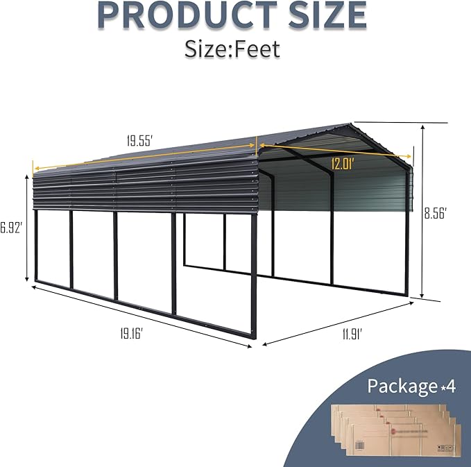 KEIKI 12x20 FT Steel Metal Outdoor Carport with Peaked Roof,Heavy Duty Vehicle Shed Canopy for Car,Truck and Boats