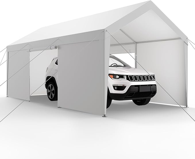 VEVOR Carport, 12 x 20 FT Outdoor Car Canopy, Potable Carport with Removable Sidewalls & Door, Heavy Duty Car Shelter, UV-Resistant & Water-Resistant, All-Season Protection for Automobile Boat White