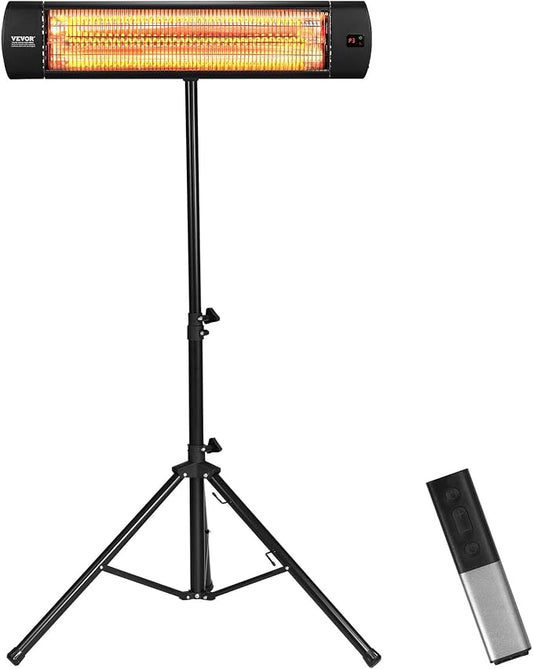 VEVOR Infrared Heater, 1500W Remote Control Electric Space Heater, LED Screen Patio Heater w/ 3 Speeds & Timer, Outdoor/Outdoor for Porch,Dining Room,Studio, with Stand & Mount to Ceiling/Wall,34in L