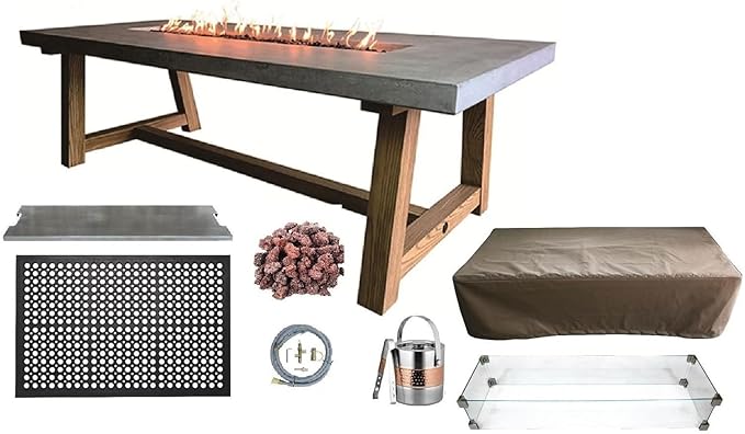 Elementi | Bundle Sonoma Gas Fire Pit Cast Concrete Rectangular Dining Fire Table, Outdoor Fire Pit Electronic Ignition | Canvas Cover, Lava Rock Included | Natural Gas