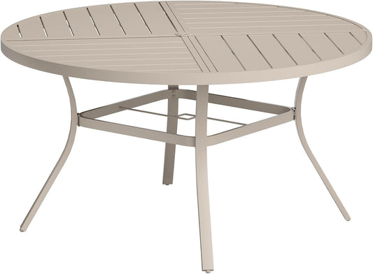 VICLLAX Round Patio Table with Adjustable Umbrella Hole for 8, All Weather Metal Outdoor Dining Table for Lawn Garden, 53.1" Outdoor Coffee Table, Cream Color Frame