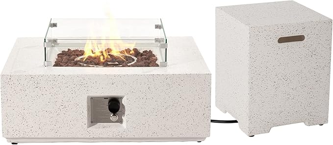 COSIEST 35-inch Square Outdoor Sandstone Propane Fire Pit w Wind Guard and Side Table, CSA Certified, 50,000 BTU Stainless Steel Burner, Free Lava Rocks and Rain Cover, Metal Lid(Beige)