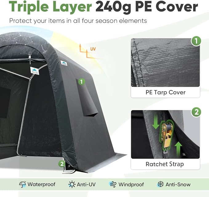 ADVANCE OUTDOOR 6x8 ft Shelter Storage Shed Steel Metal Round Peak Roof Portable Garage Carport for Motorcycle, Boat, or Garden Tools with 2 Roll up Doors & Vents, Gray