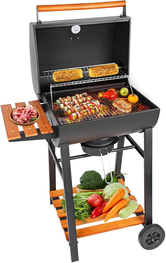 Charcoal Grill with Temperature Gauge - Large Outdoor Barrel Barbecue Grill with SideTable, 406 sq in Cooking Space for 6-10 People, ldeal for Camping and Backyard BBQ