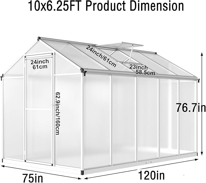 10x6.25FT Greenhouse,Easy Assembly Aluminum Polycarbonate Walk-in Greenhouse with Roof Vent,Large Outdoor Garden Green House,Patio,Backyard,White